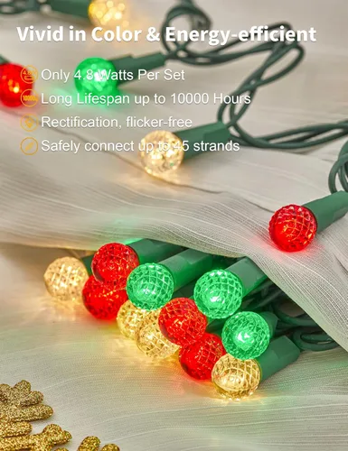 Vista 4 de BOHON - Luces de Navidad de 17 pies con 50 luces LED, luces de cadena facetadas G15 en rojo, blanco y verde para exteriores, enchufe, grado