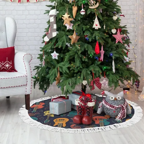 Vista 8 de Guitarra Pattern Christmas Tree Skirt with Tassels Winter Holiday Tree Mat Decoration Xmas Tree Skirts Christmas Ornament for Home Seasonal Decor