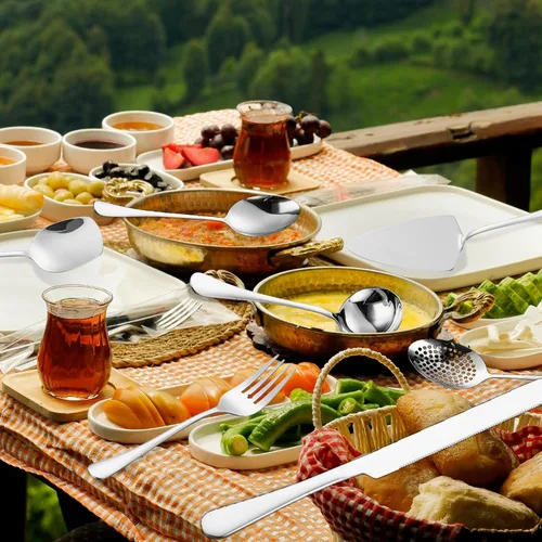 Vista 4 de Juego de Utensilios para Servir de 11 Piezas de Acero Inoxidable Cubiertos Modernos para Servidor Todo Metal Herramientas de Cocina Cuchara Sólida