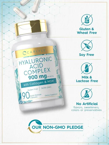 Vista 4 de Carlyle Complejo de ácido hialurónico 900 mg con colágeno y MSM 90 cápsulas Suplemento sin OMG, sin gluten