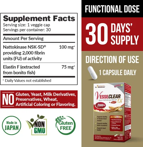 Vista 2 de LABO Nutrition VesseCLEAR EX: Nattokinase NSK-SD+Elastina F para Vasos Sanguíneos Limpios y Flexibles. Cápsulas de Liberación Retardada/Resistentes