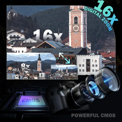 Vista 4 de 8K Digital Cameras for Photography 64MP - 16X Zoom Autofocus, WiFi, 180° Flip Screen with Wide-Angle & Macro Lens, Vlogging Camera for YouTube