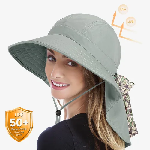 Vista 5 de Solaris UPF 50+ Gorro de ala ancha para mujer - Tamaño pequeño, ligero y plegable, gorro floral refrescante con solapa para el cuello #1 Gris