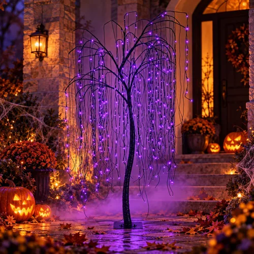 Vista 11 de Árbol de sauce iluminado de Halloween de 7 pies, 256 luces LED naranjas, árbol de sauce artificial llorón con 6 arañas, decoración