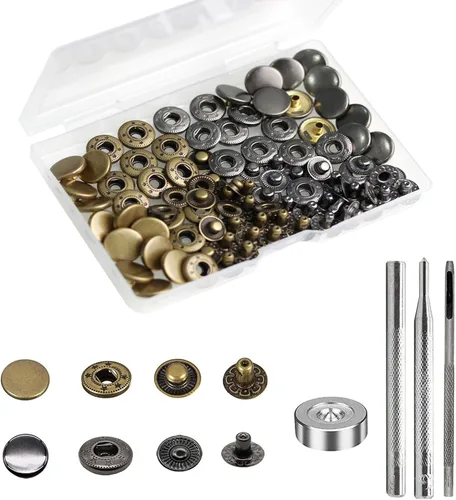 Vista 19 de BetterJonny Juego de 24 cierres de cuero resistente, botones a presión de metal de 0.394 pulgadas, remaches de cuero, con 4 herramientas de ajuste