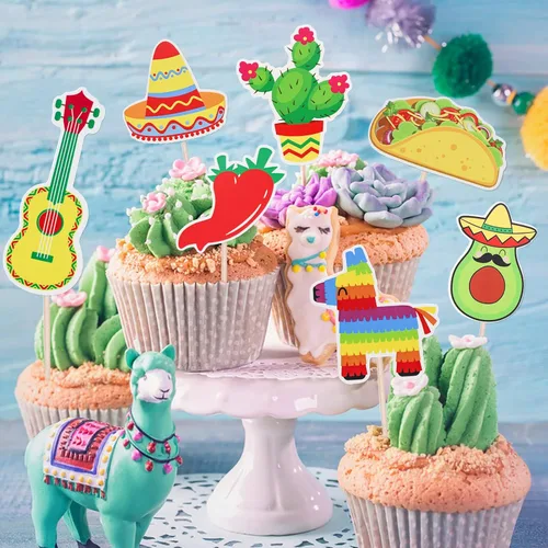 Vista 3 de Decoración para cupcakes, 35 unidades, temática mexicana, decoración para cactus mexicano, burro, taco, pimienta, sombrero, guitarra, pastel