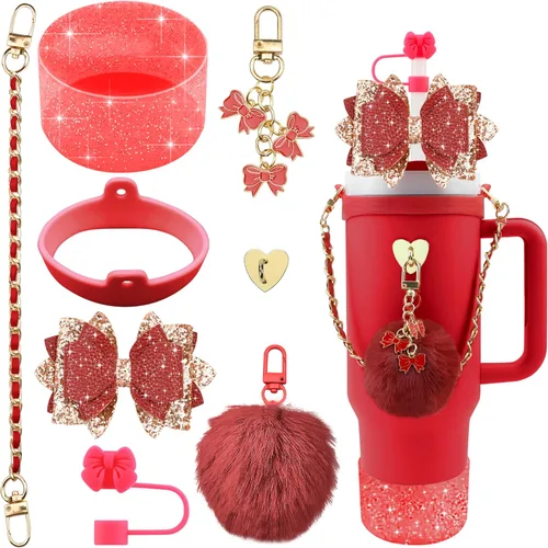 Vista 9 de Accesorios brillantes para vaso Stanley Cup de 40 onzas y 30 onzas, incluye funda de silicona para popote con lazo, bota de silicona para taza