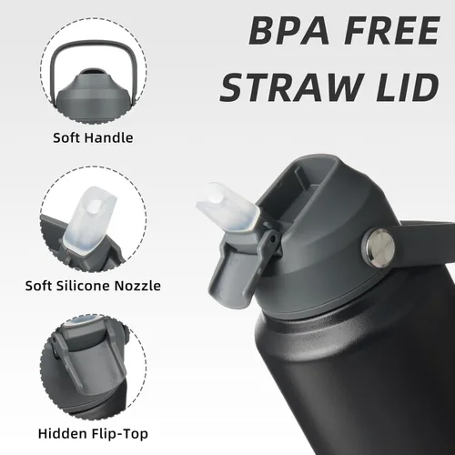 Vista 2 de BJPKPK - Botella de agua aislada con tapa de popote, termo grande de 40 onzas, botellas de agua de acero inoxidable libres de BPA a prueba de fugas