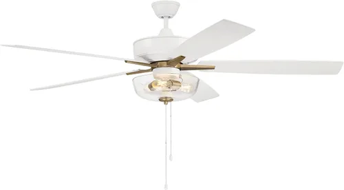 Vista 2 de Craftmade Ventilador de techo Super Pro de 60 pulgadas en acabado de latón blanco/satinado, aspas reversibles de roble blanco/lavado, kit de luz