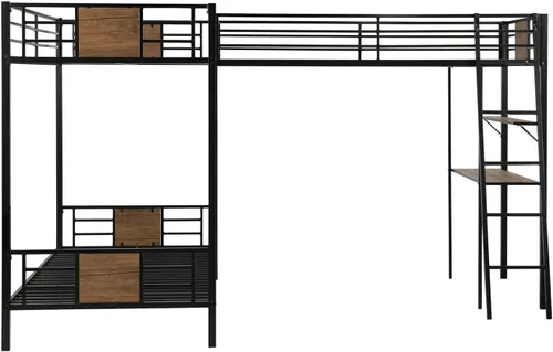 Vista 31 de Bellemave Literas triples, literas en forma de L de tamaño individual sobre cama matrimonial adjunta a una cama alta con escritorio, literas triples