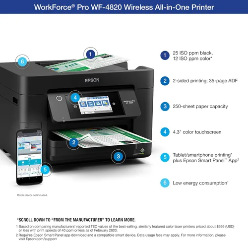 Vista 3 de Epson® Workforce® Pro WF-4820 Impresora inalámbrica de inyección de tinta a color todo en uno, negro, grande