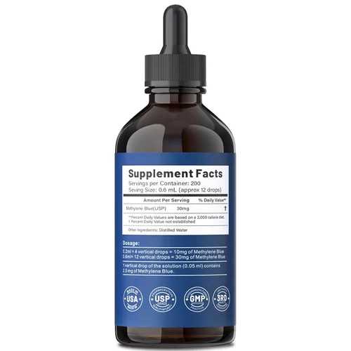 Vista 9 de Gotas de azul de metileno 5%, 99.99% Pureza USP Solución de grado farmacéutico para humanos, sin formaldehído y sin alcohol, 4.06 OZ FL