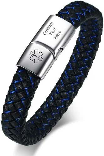 Vista 11 de VNOX - Pulsera de cuero trenzado azul con símbolo médico Caduceo y broche magnético, de 6 a 8.3 pulgadas