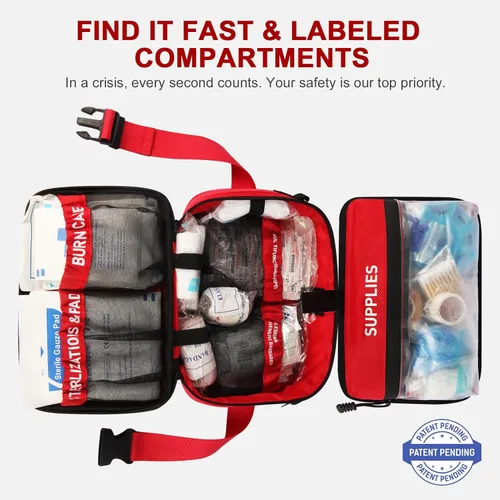 Vista 2 de Kit de primeros auxilios de 516 piezas para automóvil, viajes y hogar – Kit de emergencia grande profesional impermeable compacto etiquetado
