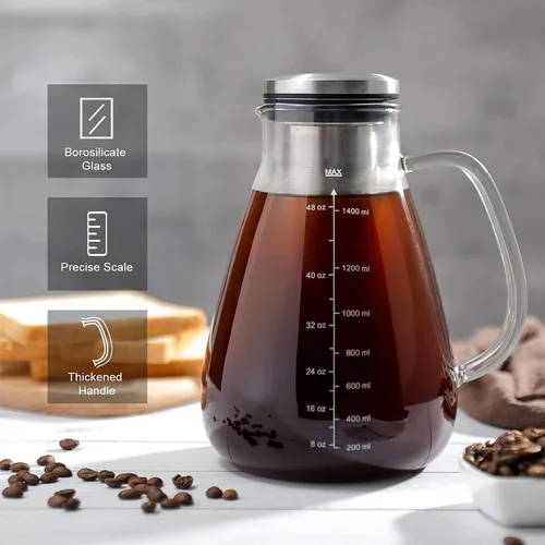 Vista 4 de YMMIND Cafetera fría de 34 onzas, cafetera preparada con filtro extraíble de doble malla de acero inoxidable 304, recipiente de vidrio sin BPA