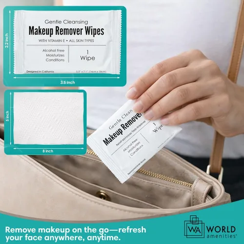 Vista 6 de World Amenities - Toallitas removedoras de maquillaje a granel 50 unidades Envueltas individualmente, limpieza suave, sin alcohol - Todo