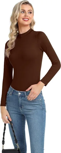 Vista 4 de Camiseta térmica básica de manga larga para mujer, ligera, con cuello alto falso, ajustada, capa suave