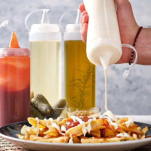 Vista 8 de Crystalia Botellas exprimibles, juego de botellas para chorros con tapa, recipiente para condimentos para aceite, salsa de tomate y mostaza, jarabe