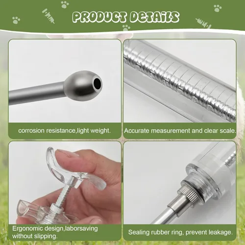 Vista 4 de 2 jeringas reutilizables para cabras, jeringa con 2 boquillas de empapamiento, jeringa ajustable para pistola de dosificación para ovejas
