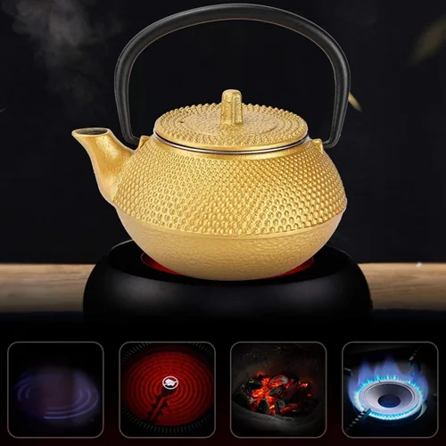 Vista 7 de Agatige Tetera de hierro fundido con infusor, tetera para estufa, teteras de té de hierro fundido dorado, tetera japonesa de tetsubin para estufa
