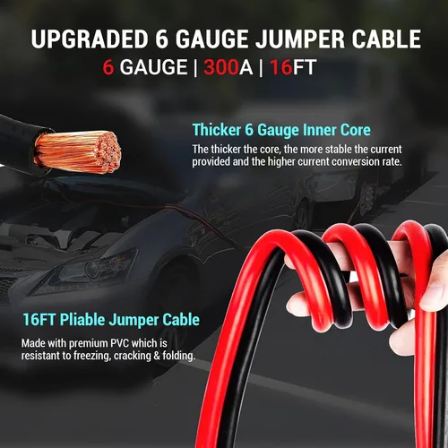 Vista 2 de AUTOGEN Kit de emergencia para automóvil, bolsa de asistencia en carretera con cables de puente de calibre 6 y 16 pies, compresor de aire digital