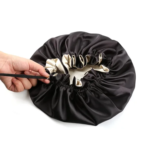 Vista 6 de Gorro de satén para mujer, gorro de dormir grande para cabello largo y rizado, gorra de noche ajustable (doble capa negro/champán)