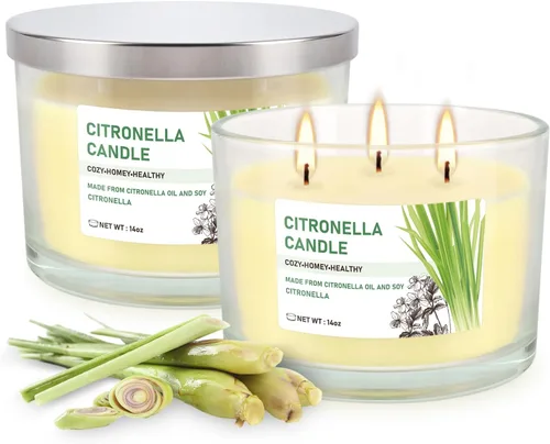 Vista 9 de Velas de citronela para exteriores, paquete de 2 velas de 14 onzas cada una con 3 mechas en frascos de vidrio transparente, fabricadas con aceite