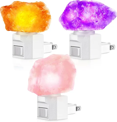 Hortsun Paquete de 3 lámparas de sal del Himalaya, luz nocturna, lámpara de luz nocturna de cristal, purificador de pared giratorio hecho de piedra