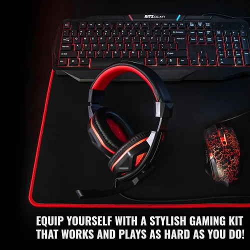 Vista 5 de Ritz Gear Kit de accesorios para juegos (rojo) Paquete de retroiluminación LED 4 en 1 Combo de PC con teclado multimedia, mouse óptico