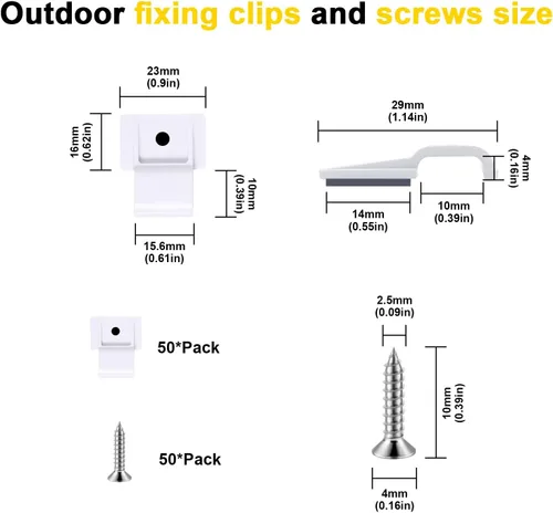 Vista 2 de 50 piezas de clips de montaje de tira de luz LED para exteriores autoadhesivos con tornillos, soporte de montaje, clips organizadores de cables