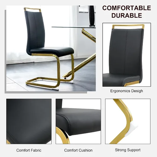 Vista 5 de Ebullient Juego de Mesa de Cocina Rectangular de MDF Blanca y Sillas de Comedor de Cuero Set de 6, Mesa de Comedor con Marco de Metal Dorado Moderno