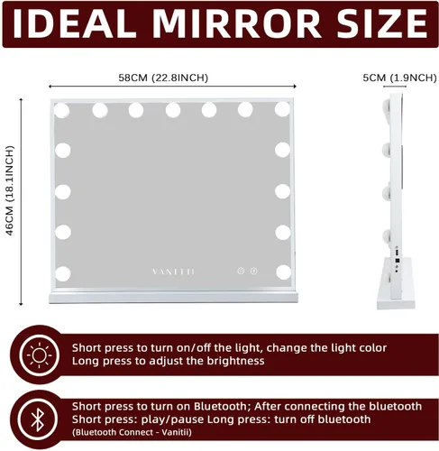 Vista 6 de VANITII - Espejo Hollywood con luces, altavoz con carga USB, espejo de maquillaje iluminado con bombillas, 3 modos de iluminación y espejo