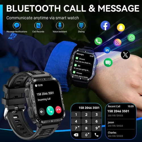 Vista 6 de Reloj Inteligente Militar para Hombres con Linterna LED Reloj de Pantalla Grande de 2.0'' Reloj Inteligente Táctico Batería Grande de 430mAh