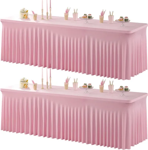 Vista 58 de Paquete de 2 manteles de elastano azul bebé para mesas rectangulares de 6 pies, manteles elásticos de 6 pies, falda de escritorio para fiestas