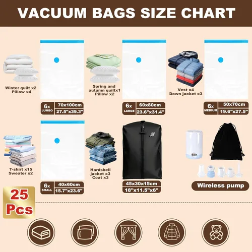 Vista 2 de 25 Pack Bolsas de Almacenamiento al Vacío para Ropa, Bolsas de Sellado al Vacío para Viajes con Bomba Inalámbrica, Bolsas de Compresión al Vacío