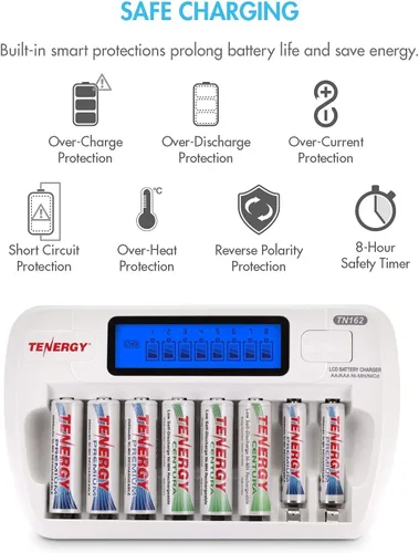Vista 9 de Tenergy TN162 - Cargador de batería inteligente LCD de 8 bahías con 24 pilas recargables AA y AA, 12 pilas recargables AA y 12 pilas recargables AAA