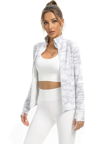 Vista 2 de QUEENIEKE Chaquetas atléticas para mujer, de algodón, suave, con cremallera completa, ajustada, para entrenamiento, correr, con bolsillos, 210503