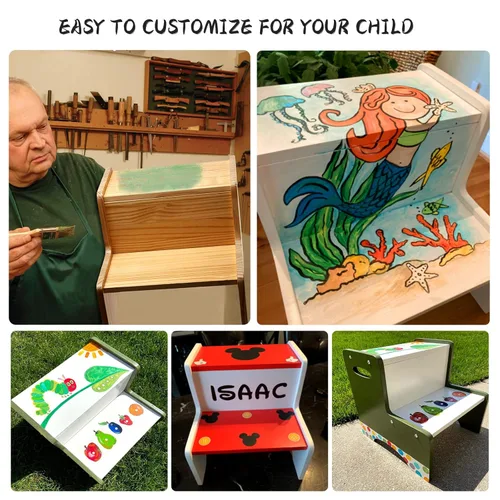 Vista 6 de WOOD CITY Taburete escalón para niños pequeños, Taburetes de madera de 2 pasos para lavabo de baño, entrenamiento para orinal, cocina, taburete