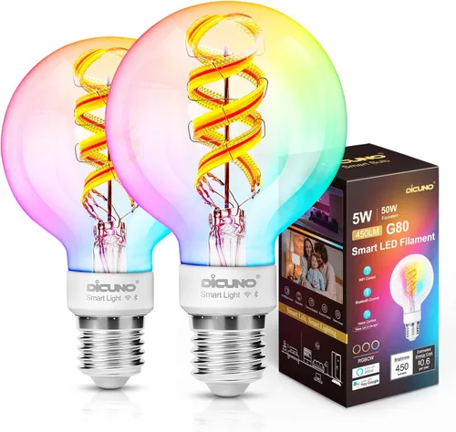 Vista 11 de DiCUNO Bombilla inteligente Edison A19, bombilla inteligente WiFi que cambia de color, bombilla de filamento Vinatge A60 compatible con Alexa