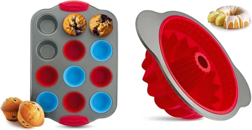 Boxiki Kitchen Baking Duo: Mini Molde para Muffins de 12 tazas con revestimientos de silicona y bandeja antiadherente para pasteles de silicona