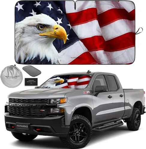 Vista 26 de Autoamerics Parasol para parabrisas de 1 pieza, bandera de Estados Unidos, diseño de 2 estadounidenses, parasol plegable para ventana delantera