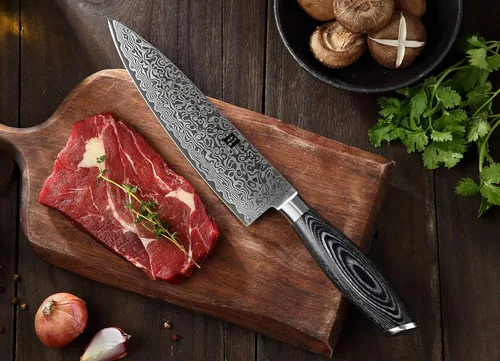 Vista 8 de XINZUO Cuchillo de cocina de 5 piezas, juego de cuchillos de chef profesional de acero de Damasco súper afilado con mango de madera de Pakkawood