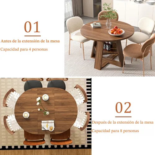 Vista 6 de Mesa de comedor redonda extensible de 43.3 a 59 pulgadas para 4 a 8, moderna mesa de comedor ovalada de cocina con hojas extraíbles, ahorro de Nogal