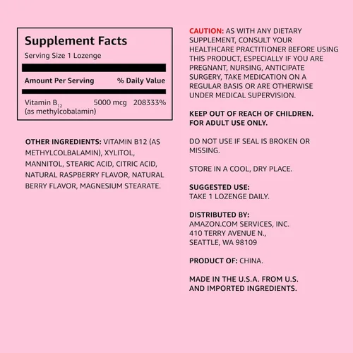 Vista 2 de Amazon Elements Vitamina B12 Metilcobalamina 5000 mcg - Producción de energía normal y metabolismo, apoyo del sistema inmunológico - Suministro de 2