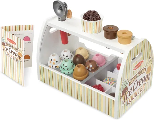 Vista 9 de Melissa & Doug - Encimera de helados de madera con cuchara para servir, juego de tienda de simulación, 28 accesorios de comida y cocina de juguete