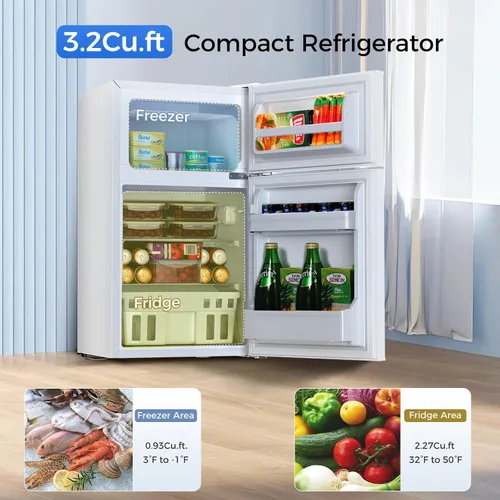 Vista 3 de Kismile Mini refrigerador con congelador, mini refrigerador compacto de 3.2 pies cúbicos con doble 2 puertas, temperatura ajustable, tamaño completo