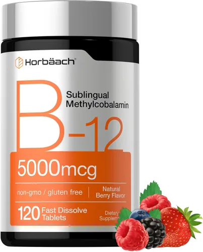Horbäach Vitamina B12 de 5000 mcg | 120 tabletas de disolución rápida | Metilcobalamina sublingual | Suplemento vegetariano, sin OGM y sin gluten