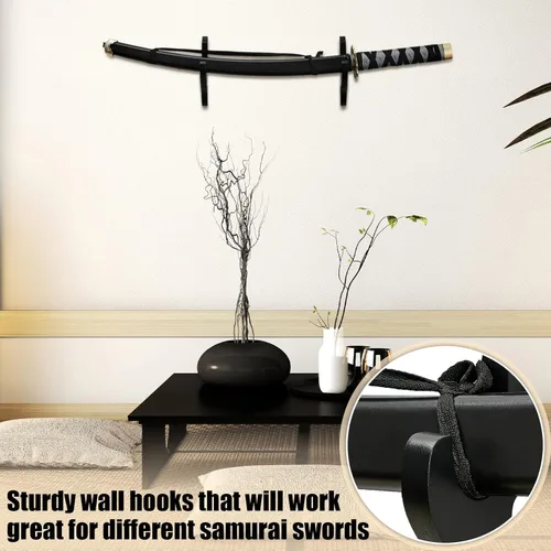 Vista 5 de Yookeer 2 piezas de espada de montaje en pared Katana soporte de espada samurái exhibición de espada de madera para artes de madera, soporte