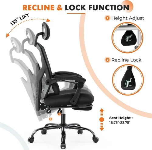 Vista 7 de Silla de oficina para computadora Sweetcrispy, sillas ergonómicas de malla con respaldo alto, giratorias y con ruedas, soporte lumbar cómodo, brazos