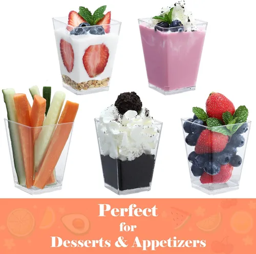 Vista 5 de SHOPDAY Vasos de postre de plástico de 5 oz: paquete de 30 vasos cuadrados transparentes con cucharas, pequeños vasos de parfait, mini vasos